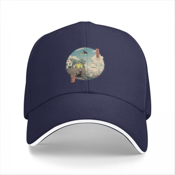 Black baseball cap with witch and black cat fantasy town print