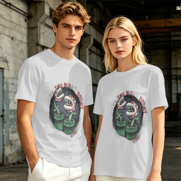 Olive T-shirt with Piranha Plant Graphic and 'You Plant Today' Text