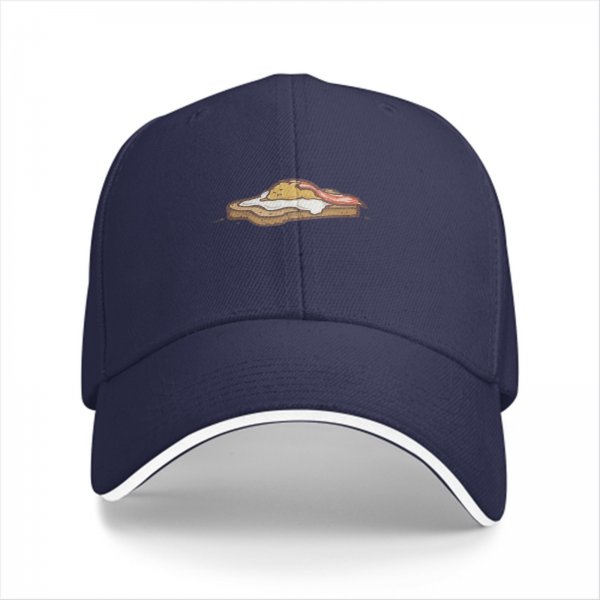 Black Baseball Cap with Toast Egg and Bacon Breakfast Print