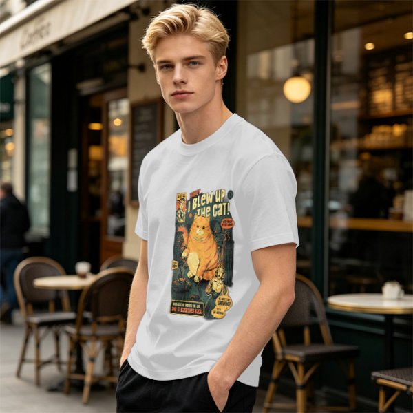 Olive t-shirt with vintage comic style 'I Blew Up The Cat!' print
