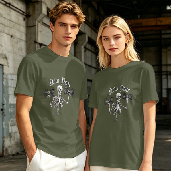 Olive T-Shirt With Skeleton Lifting Weights New Year Print
