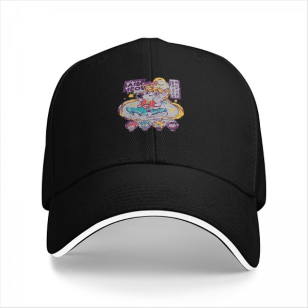 Black baseball cap with Sailor Moon inspired cat graphic print