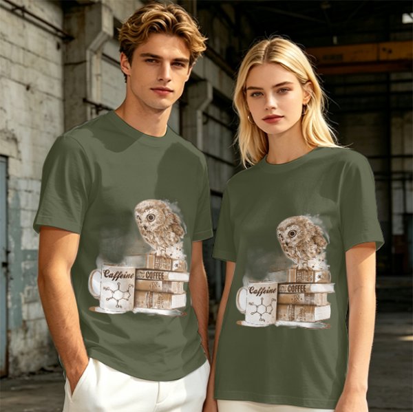 Owl on coffee books and caffeine mug graphic t-shirt