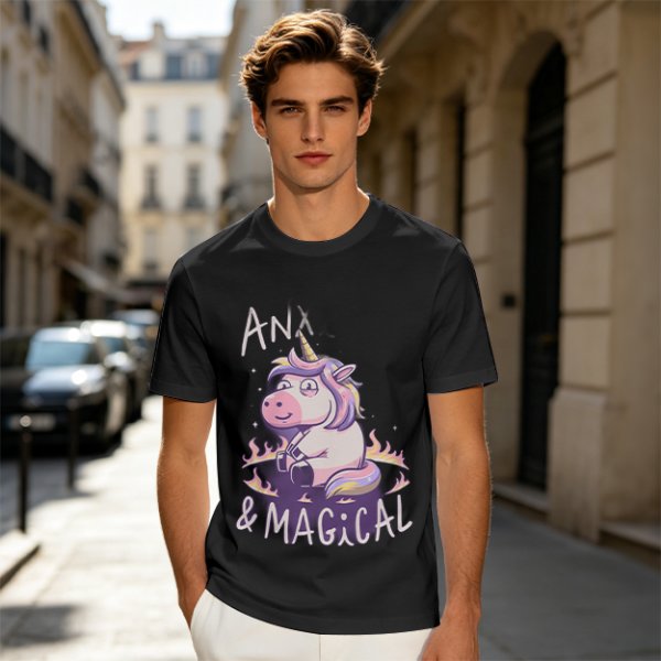 Anxious Magical Unicorn Graphic Olive T-Shirt