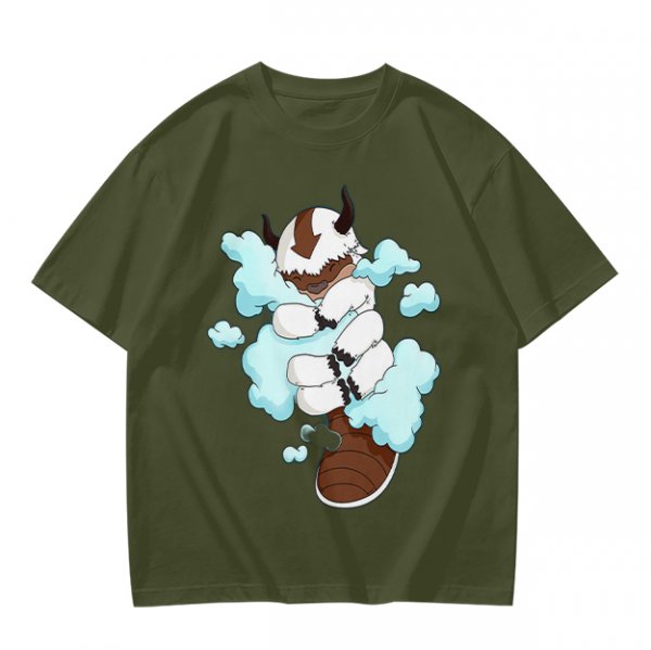 Olive Green T-Shirt With Sleeping Sky Bison On Clouds Print