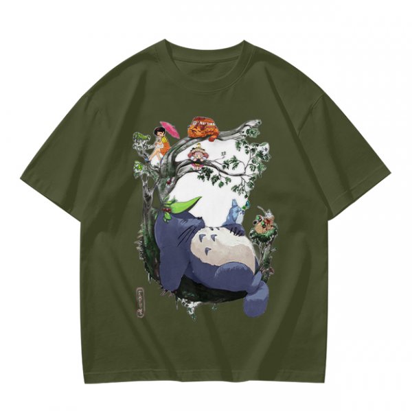 Olive green t-shirt with My Neighbor Totoro forest scene print