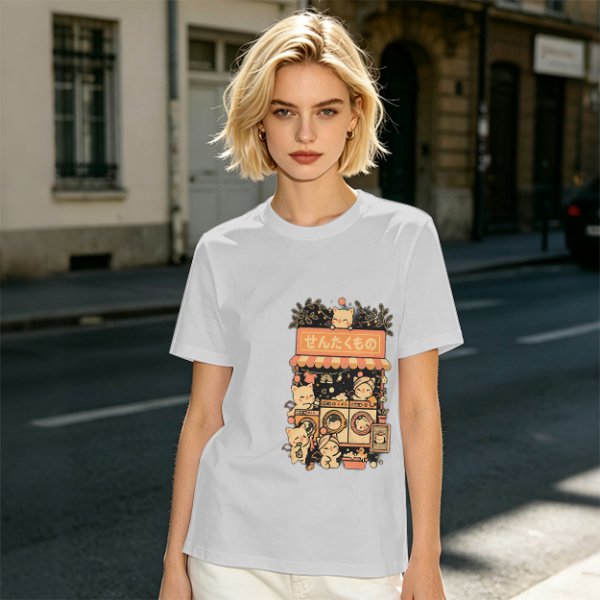 Olive T-Shirt With Cute Cats Doing Laundry Graphic
