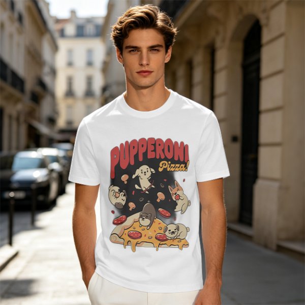 Olive green graphic t-shirt with playful pupperoni pizza dog design