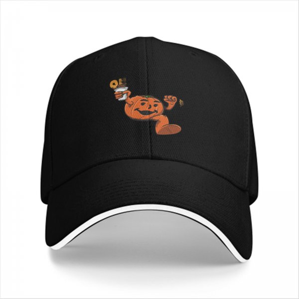 Black baseball cap with dancing pumpkin holding a fall drink design