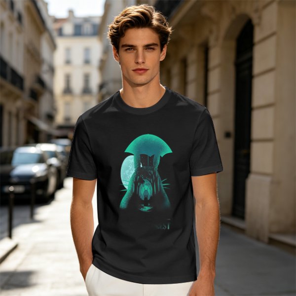 Olive T-Shirt With Glowing Teal Mushroom Creature And Moon Print