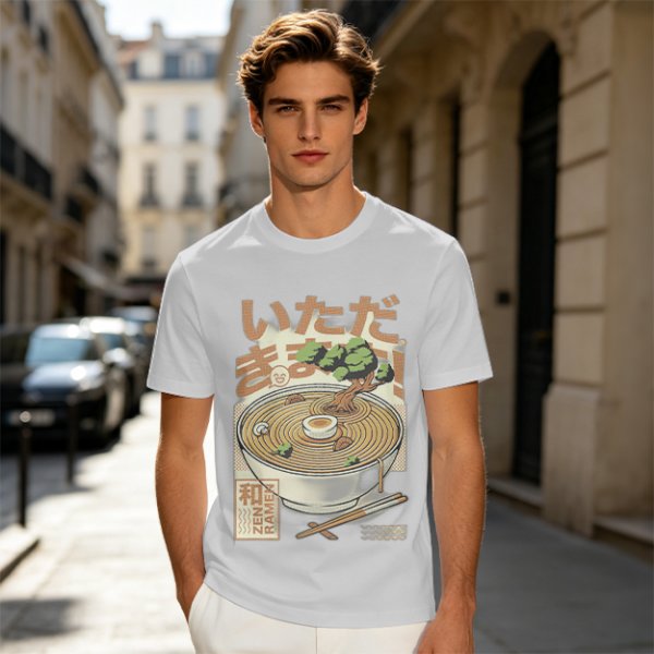 Olive green t-shirt with zen ramen bowl and bonsai tree print