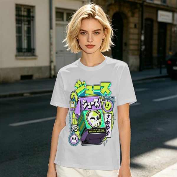 Olive T-shirt with spooky juice box graphic and playful skull art