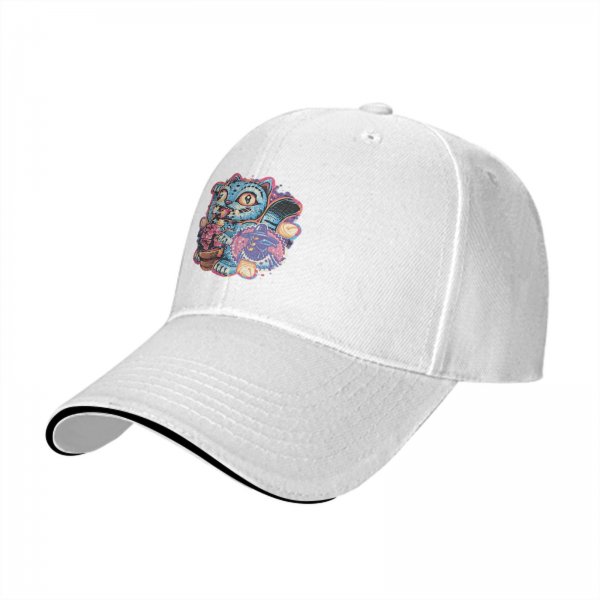 Black Baseball Cap With Whimsical Blue Cat Art Print