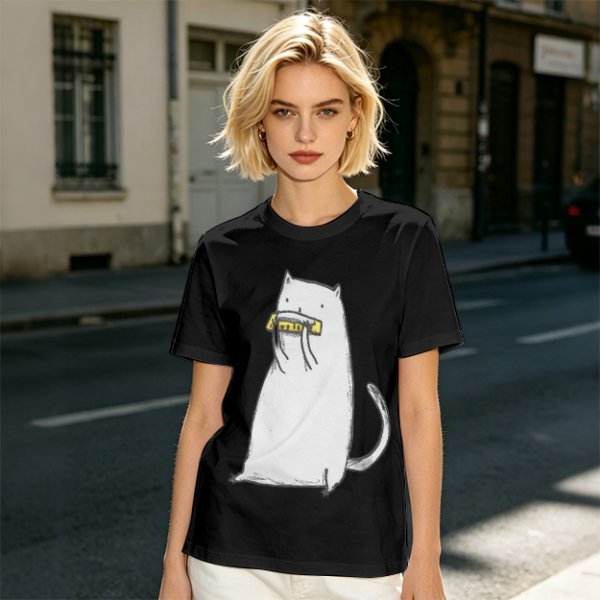 Olive T-Shirt With White Cat Playing Harmonica Graphic