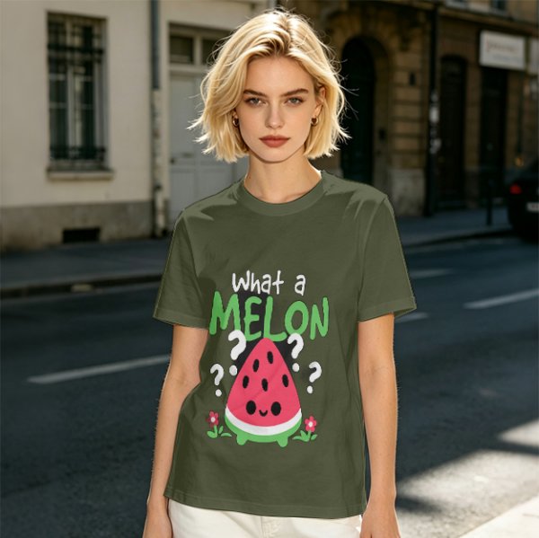 Olive T-Shirt With Cute Watermelon 'What A Melon' Graphic Design