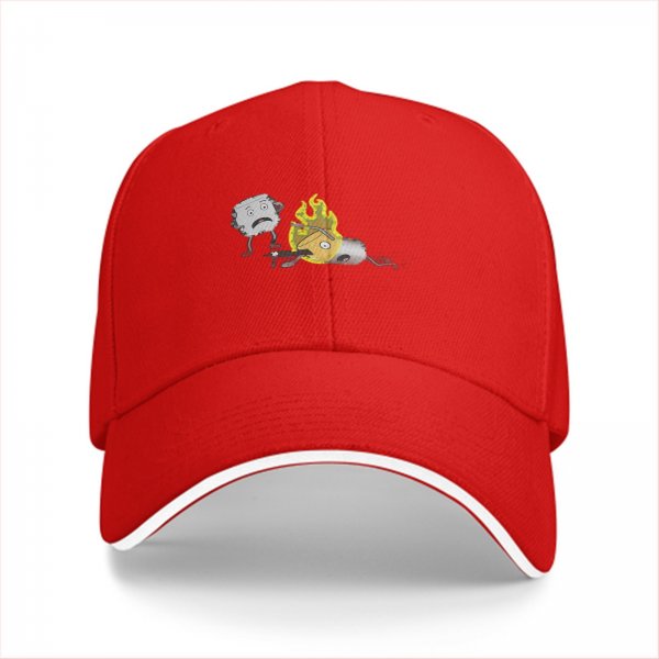 Black baseball cap with cartoon burning character and worried companion graphic