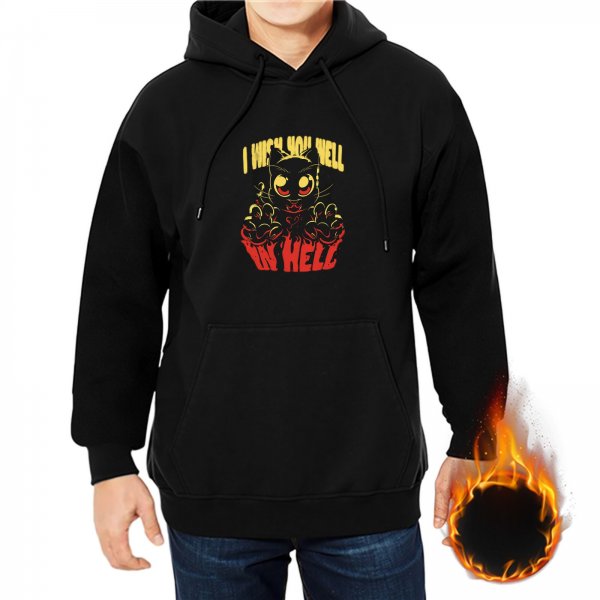 Black hoodie with 'I Wish You Well In Hell' devil cat graphic
