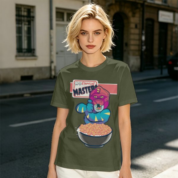 Olive T-Shirt With Cartoon Monster Cereal Bowl Graphic And Eternal Masters Text