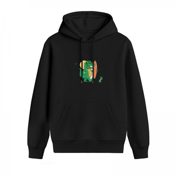 Black Hoodie with Cartoon Crocodile Holding Surfboard Graphic