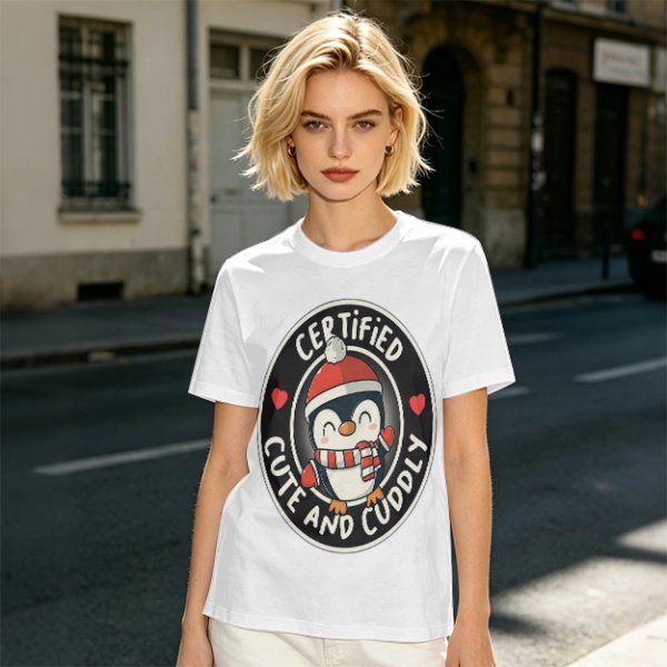 Olive T-Shirt with Cute Penguin 'Certified Cute and Cuddly' Print