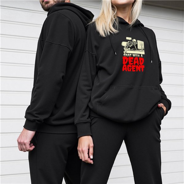 Black hoodie with 'Chat With A Dead Agent' skeleton graphic