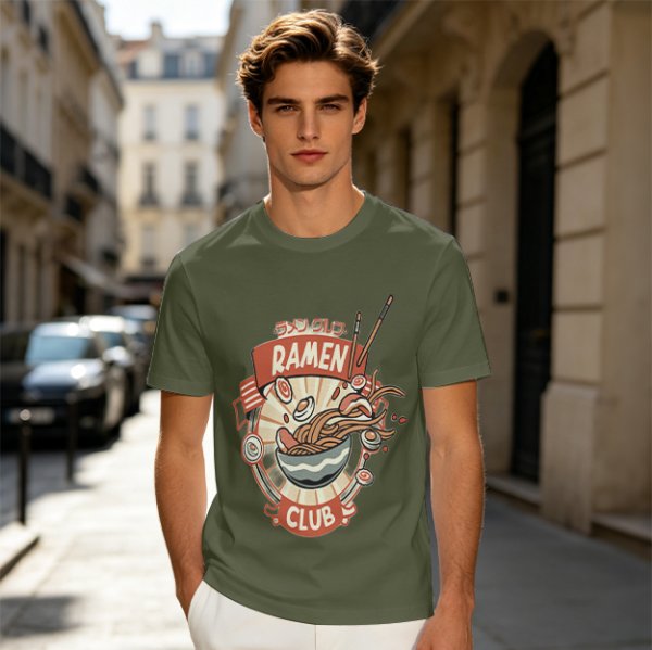 Olive Ramen Club Graphic T-Shirt with Noodle Bowl Art