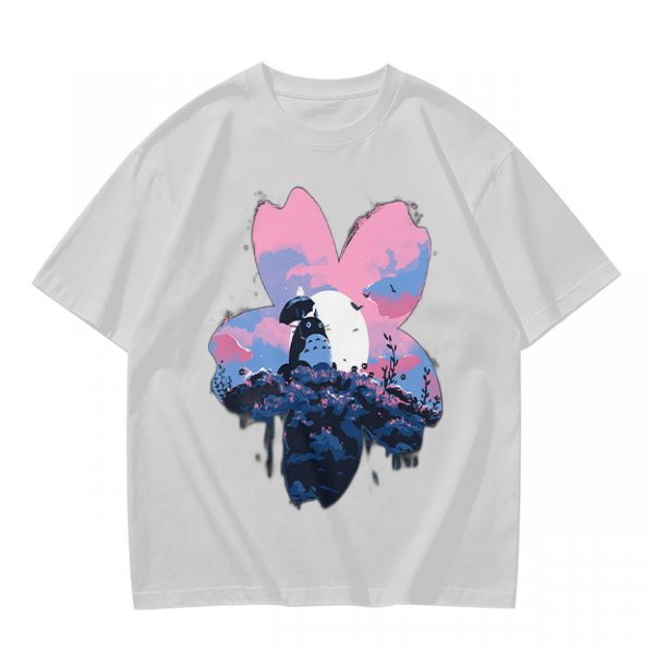 Olive T-Shirt with Sakura Flower and Whimsical Forest Creature Print