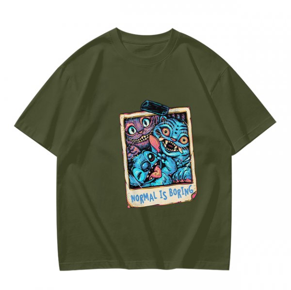 Olive t-shirt with monster polaroid print that says Normal Is Boring
