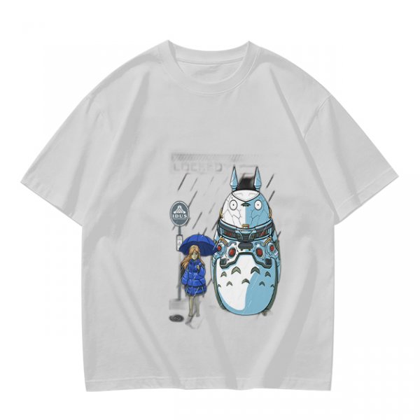 Olive T-Shirt with Mech Totoro and Girl at Bus Stop Print