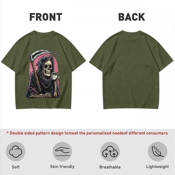 Olive T-Shirt Featuring Grim Reaper Holding Coffee and Scythe
