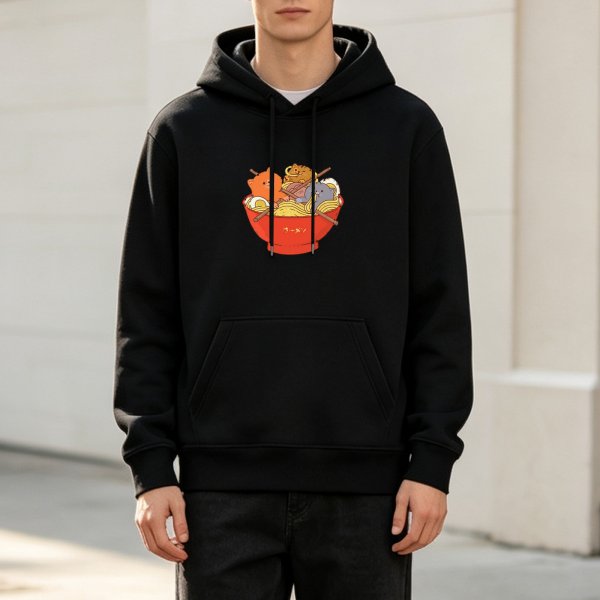 Black hoodie with cute cats in ramen bowl graphic
