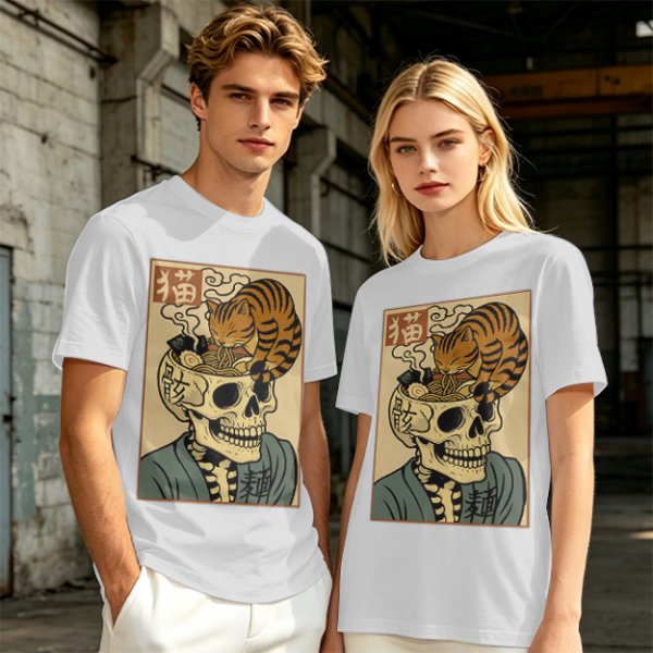 Olive t-shirt with a skull ramen bowl and a napping tabby cat print