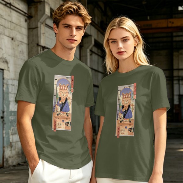 Olive T-Shirt with Japanese Style Sushi Chef Cat Print