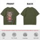Olive t-shirt with a raccoon eating snacks and 'powered by pure spite and snackies' text