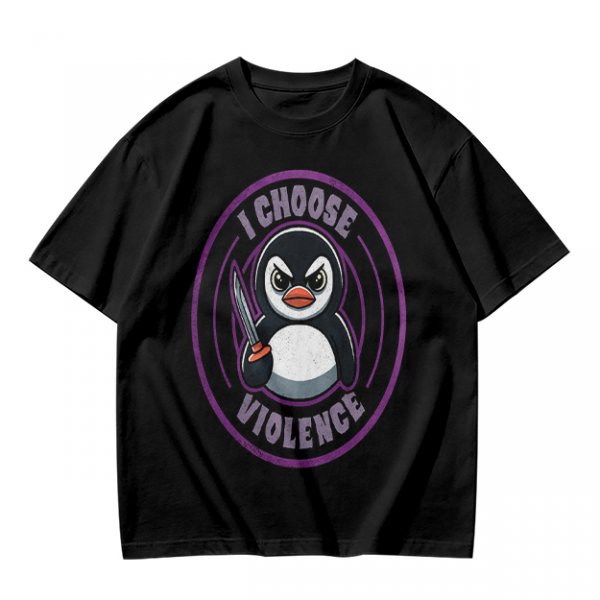 Olive t-shirt with angry penguin holding knife and I Choose Violence print
