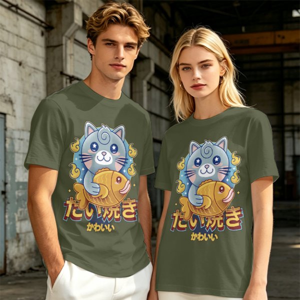 Olive green t-shirt with cute gray cat holding taiyaki graphic
