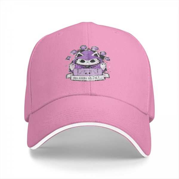Black baseball cap with purple wizard cat and dice graphic