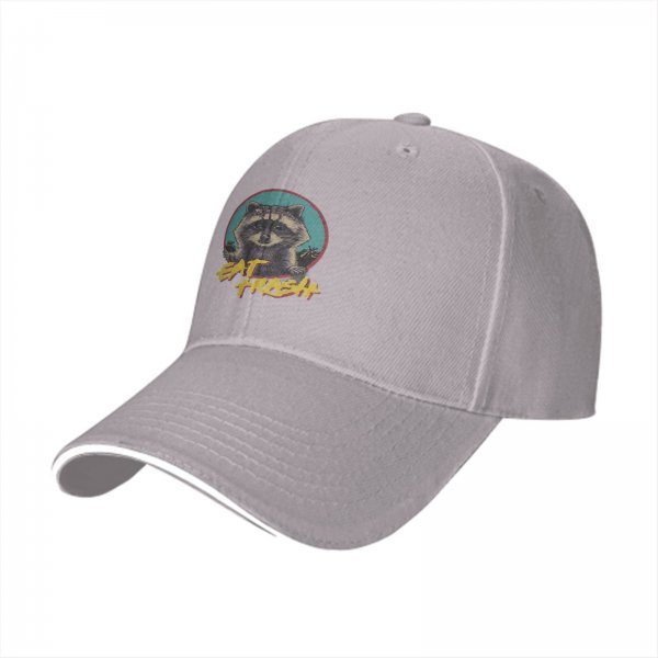 Black baseball cap with raccoon graphic and 'Eat Trash' text