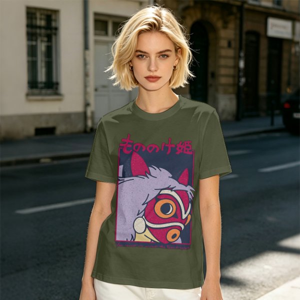Olive T-shirt with Princess Mononoke Mask Graphic Print