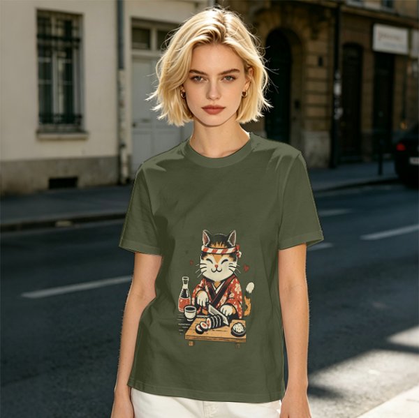 Olive T-Shirt Featuring a Cute Cat Sushi Chef Illustration