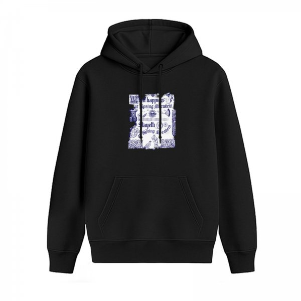 Black hoodie with vintage-style decorative text and graphic print