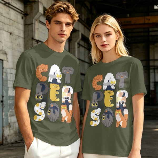 Olive T-Shirt With Cute Cat Letter Graphic Design