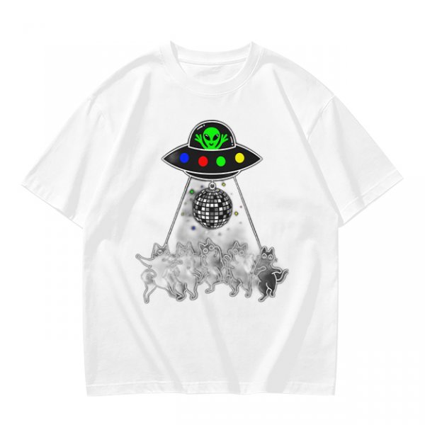 Olive T-shirt with UFO Alien and Disco Dancing Cats Print