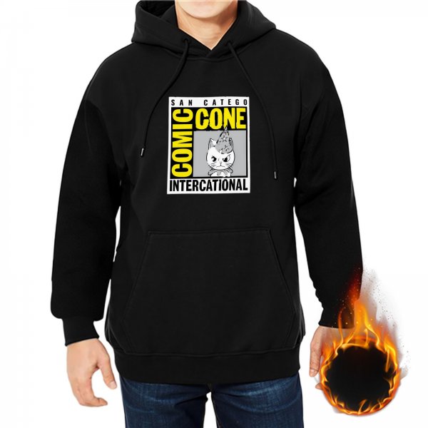 Black hoodie with Comic Cone Intercational cat graphic