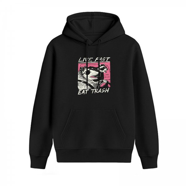 Black hoodie with raccoon driving graphic and 'Live Fast Eat Trash' text