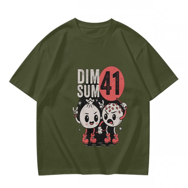 Olive Graphic T-Shirt with Dim Sum 41 Cartoon Characters