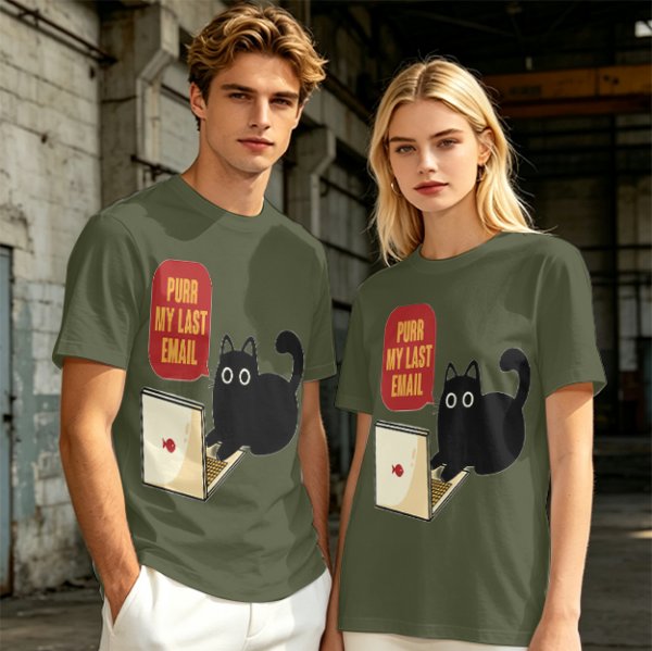 Black cat typing on laptop with 'Purr My Last Email' graphic t-shirt