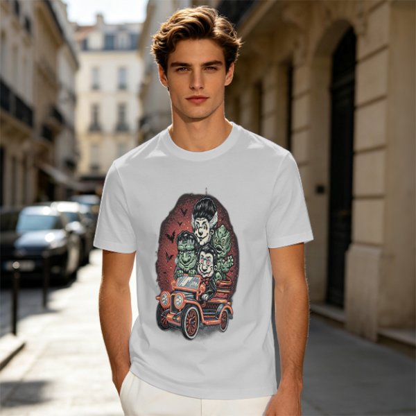 Halloween Monster Characters Driving Vintage Car Graphic T-Shirt