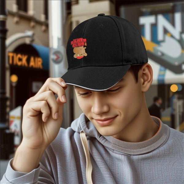 Black baseball cap with capybara eating ramen ramen club print