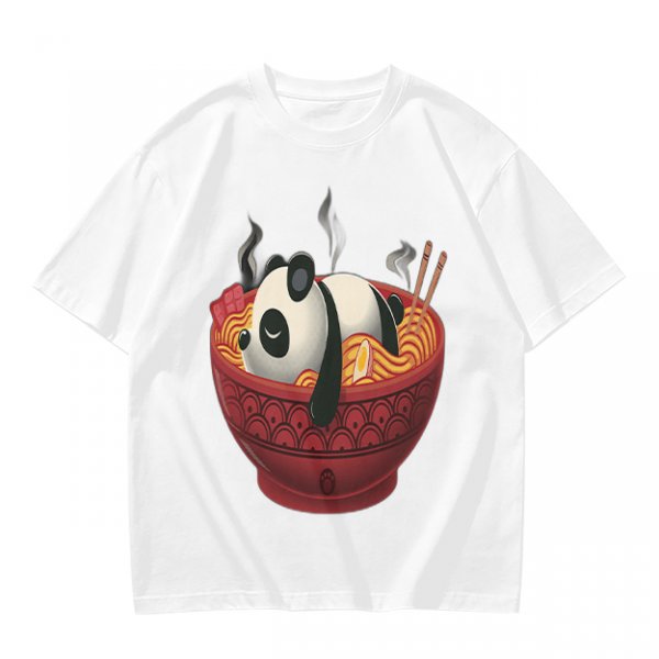 Olive green t-shirt with a panda relaxing in a steaming ramen bowl print